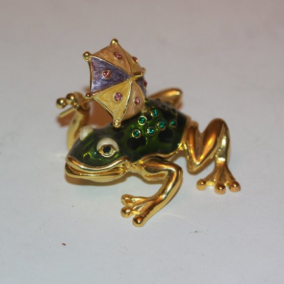 Impulse Collectibles Frog w/ Umbrella & Rhinestones Hinged Lid Trinket Pill Box - Picture 1 of 3